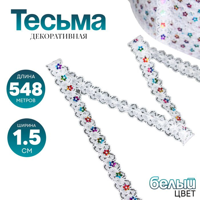 Тесьма гипюровая белая с пайетками 1,5 см, в рулоне 548 м #1