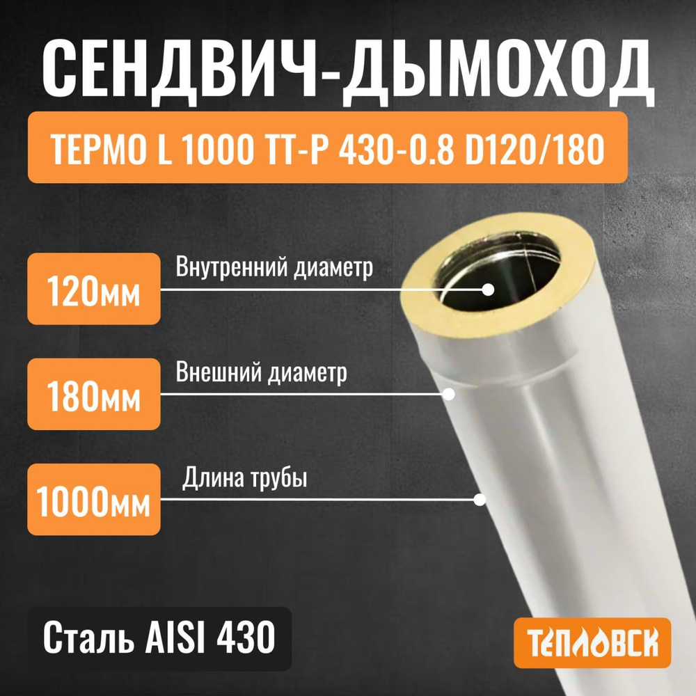 Сендвич труба для дымохода 120 L 1000 ТТ-Р 430-0.8/430 D120/180 утепленная из нержавеющей стали, газовый #1