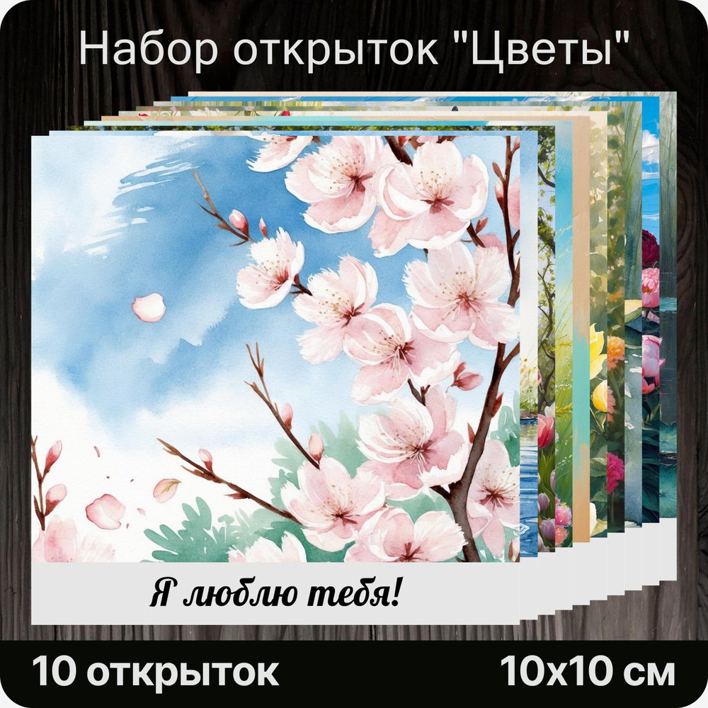 Дизайнерские открытки "Цветы", 10 штук. Милые, праздничные, на подарок, сюрприз, к букету.  #1