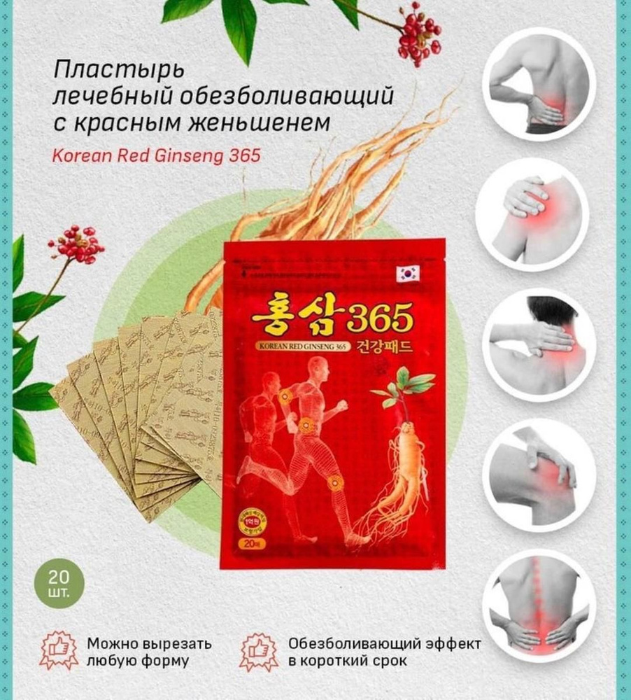 Обезболивающий согревающий пластырь Power Red Ginseng с красным женьшенем 20 шт / Против боли в спине #1