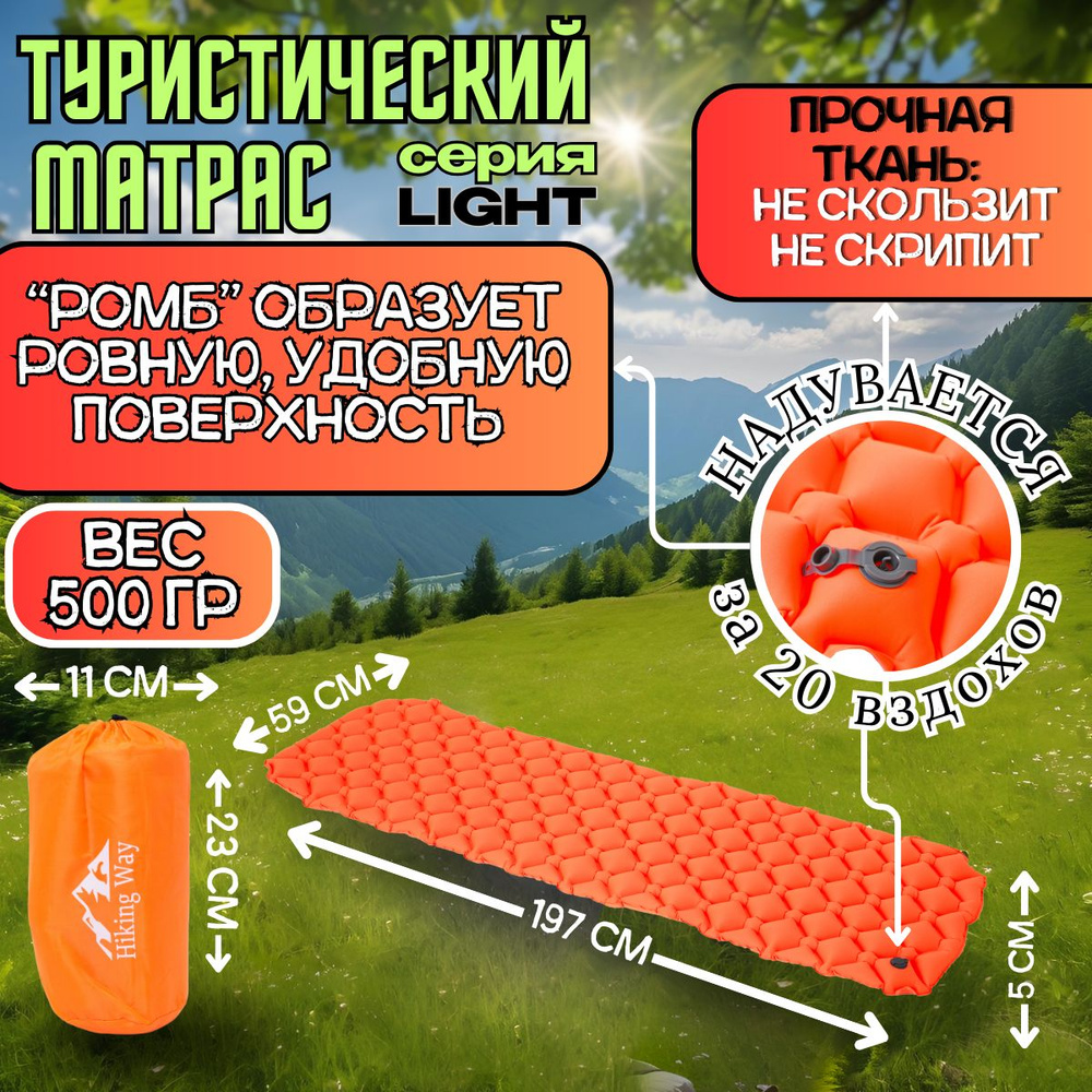 Коврик туристический надувной, Hiking Way, Nylon 40D, матрас самонадувающийся  #1