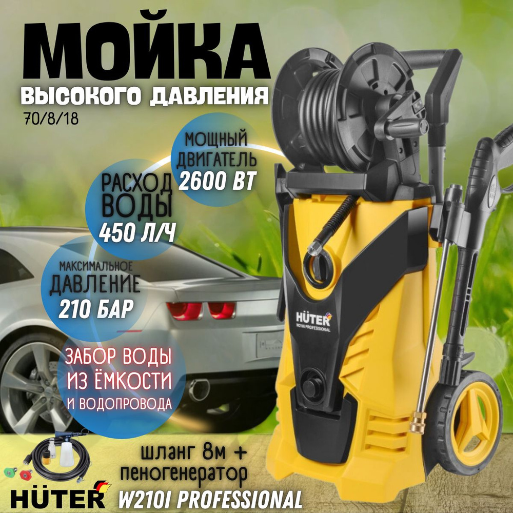 Мойка высокого давления Huter W210i PROFESSIONAL, 220 В, 2600 Вт, 450 л/ч, шланг 8 м / портативная автомойка #1