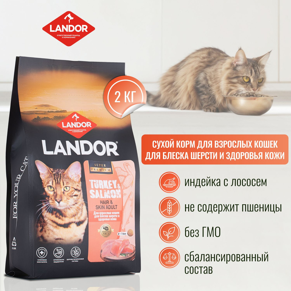 LANDOR Полнорационный сухой корм для кошек и котов, для шерсти и здоровья кожи c индейкой и лососем, #1