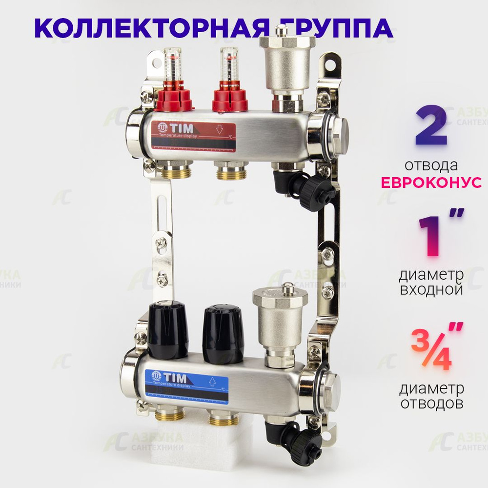 Коллекторная группа с расходомерами 1", 2 хода, нержавеющий без кранов (КВАДРАТ)  #1