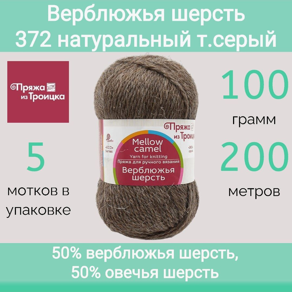 Пряжа Троицкая Верблюжья шерсть 372 натуральный темно-серый (100г/200м, упаковка 5 мотков)  #1