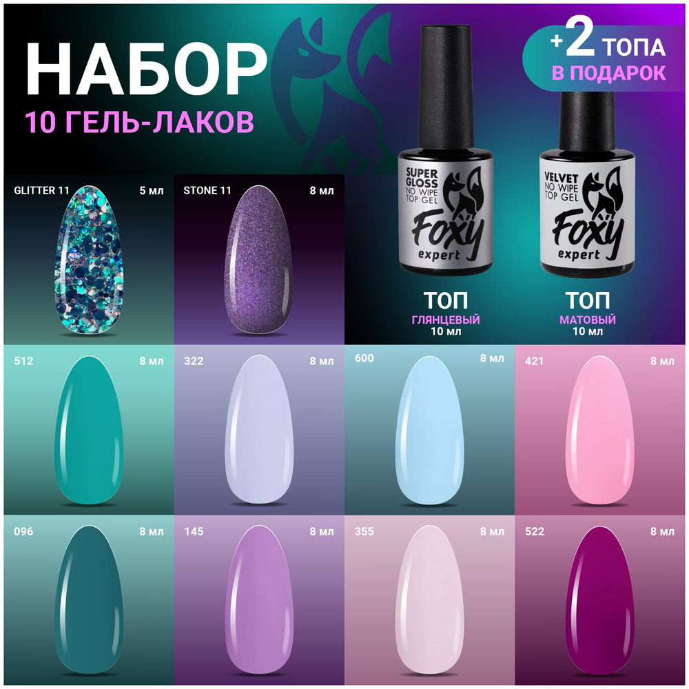 FOXY EXPERT ::: Набор гель лаков 10в1 + 2 Топа в подарок, Гель лак новогодний / Фокси Эксперт /  #1