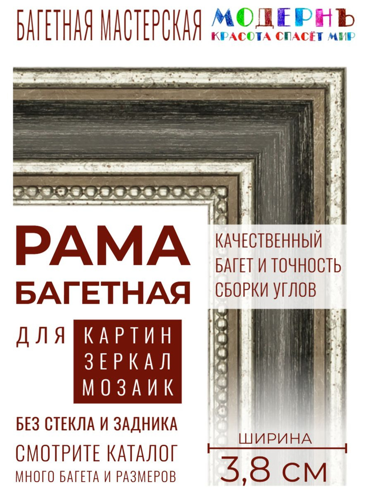 Рама багетная 48х68 для картин, черная-серебряная - 3,8 см, классическая, пластиковая, с креплением, #1