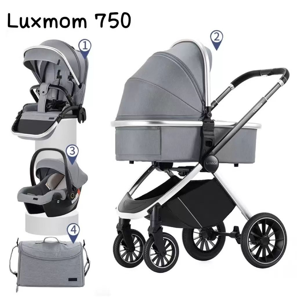 Детская модульная коляска Luxmom 750, автолюлька /выдвижная ручка /серый цвет  #1