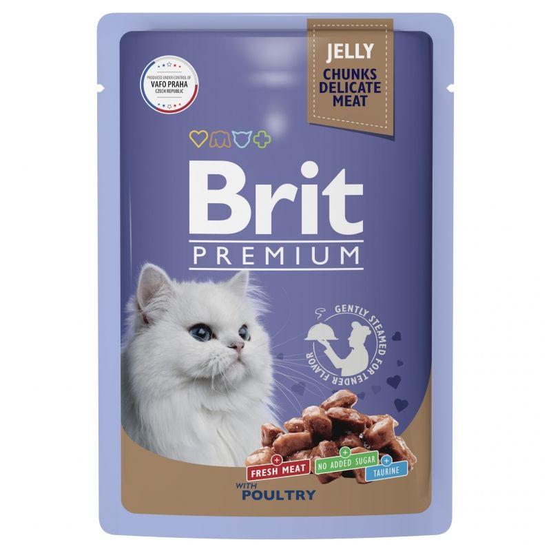 Brit Premium Cat Poultry, влажный корм для взрослых кошек и котов, птица в желе, паучи, 14 шт x 85 г #1