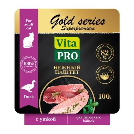 Влажный корм Vita Pro Gold Series Superpremium для кошек паштет с уткой, в ламистерах, 100г х 6шт  #1