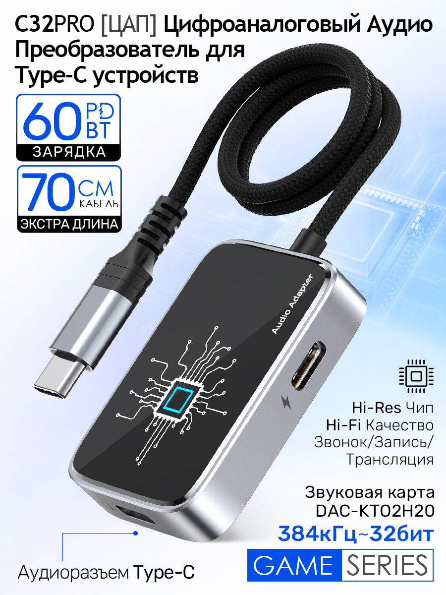 Цифроаналоговыйаудио-конвертерЦАПдляType-Cустройств,2-в-1:аудиоразъемType-C+зарядкаPD60Вт.Игроваязвуковаякарта32бит/384кГцcчипомKTO2H20,C32-PRO