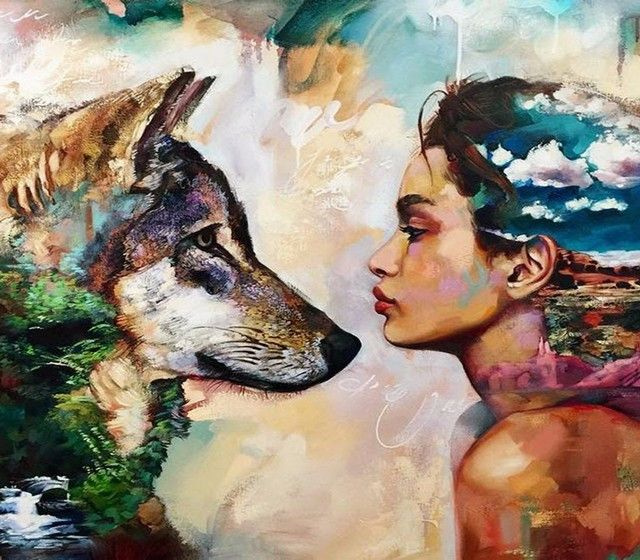 Алмазная мозаика на подрамнике / Вышивка / Картина стразами "Девушка и волк" 40х50 см  #1