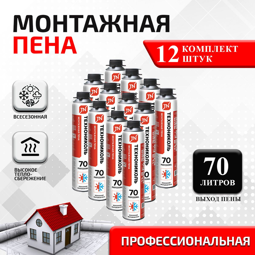 Пена монтажная профессиональная ТехноНИКОЛЬ 70 PROFESSIONAL всесезонная, 1020г/70л, 12 шт  #1