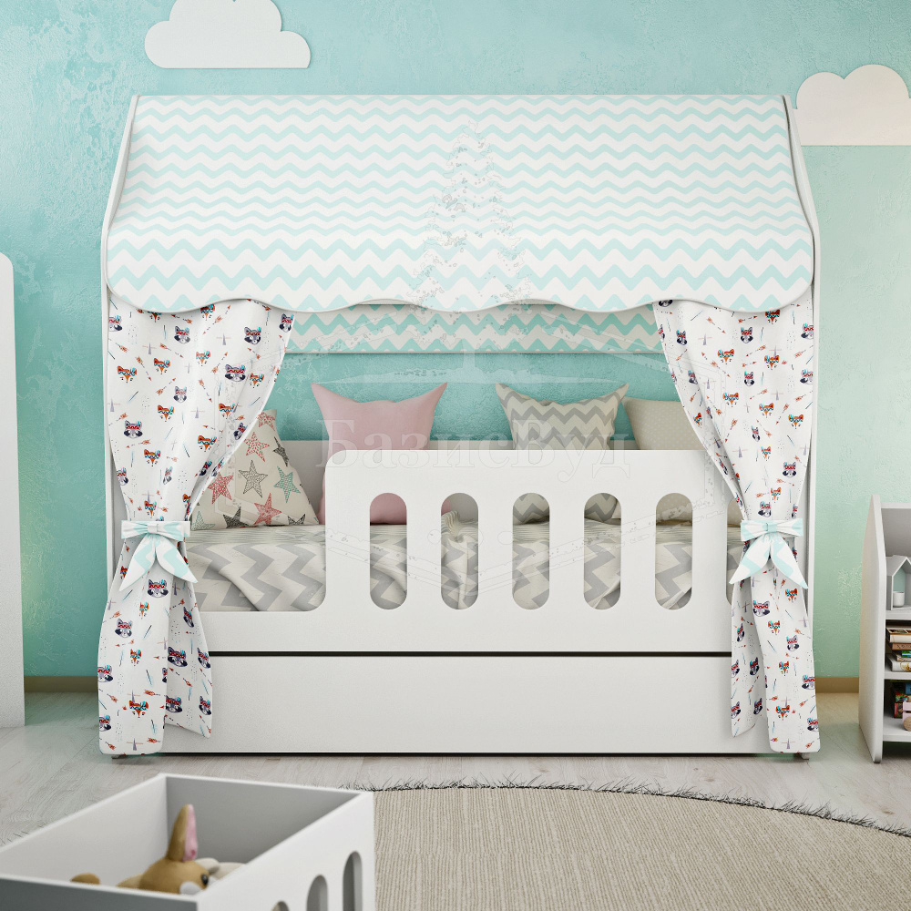 Кровать-домик, Кровать детская с бортиком под матрас 160х80, БазисВуд "Классик" с текстилем (светлый, #1
