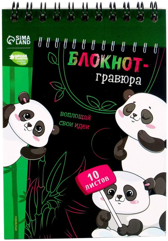 Блокнот-гравюра "Пандамания" со штихелем, 10 листов со скретч-слоем (без картинки), цветная основа, набор #1