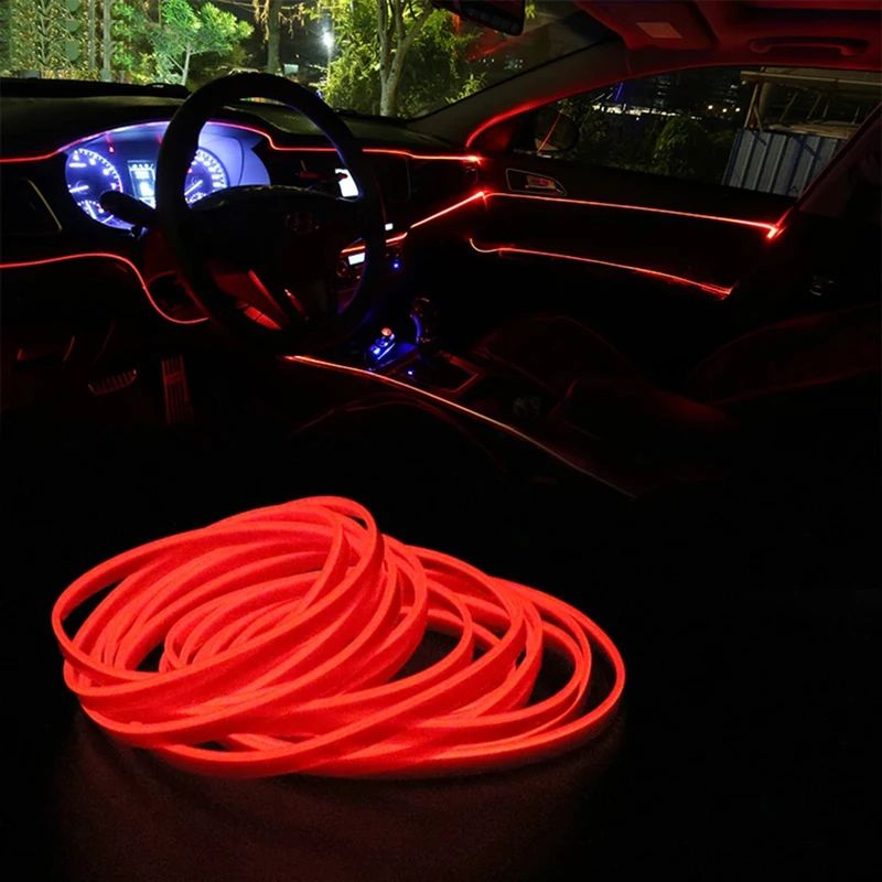 Неоновая нить в авто, 3 м в 12В, красный, атмосферная подсветка салона, светодиодная лента в машину, #1