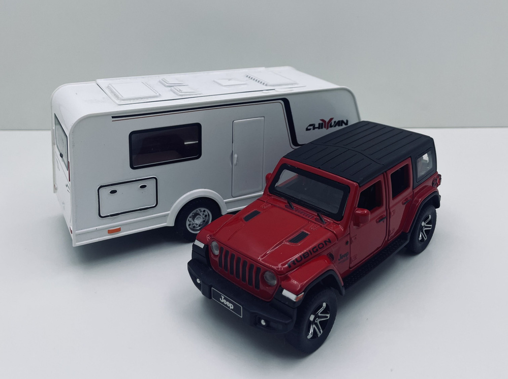 Машинка металлическая "Jeep Wrangler Rubicon" красная 1:32 с прицепом, дом на колёсах свет+звук инерционный/ #1