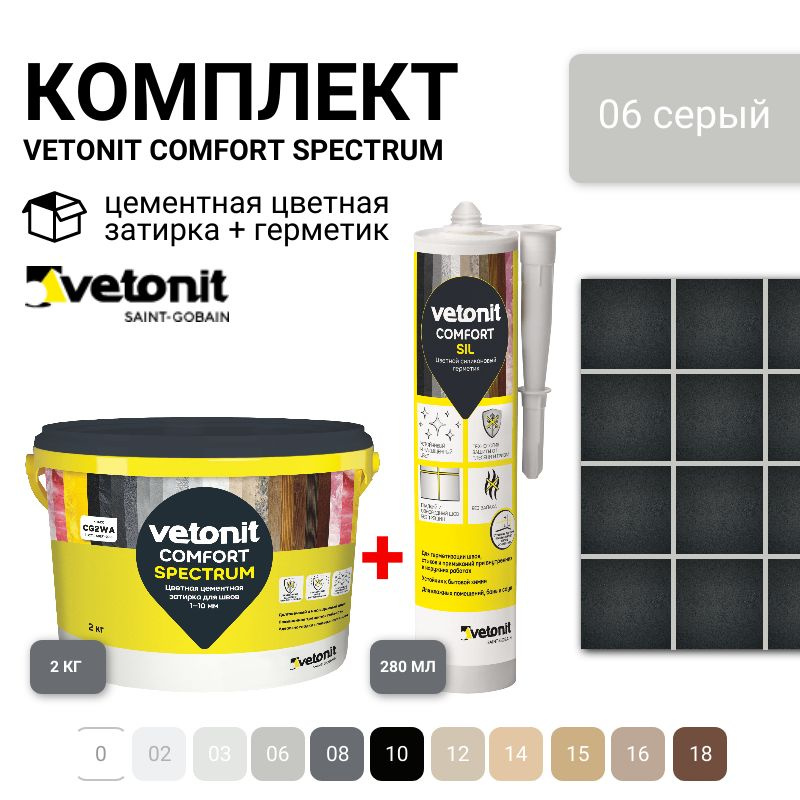 Комплект затирка для швов и герметик для плитки, Vetonit comfort, цвет 06, серый, ветонит. Затирка 2 #1