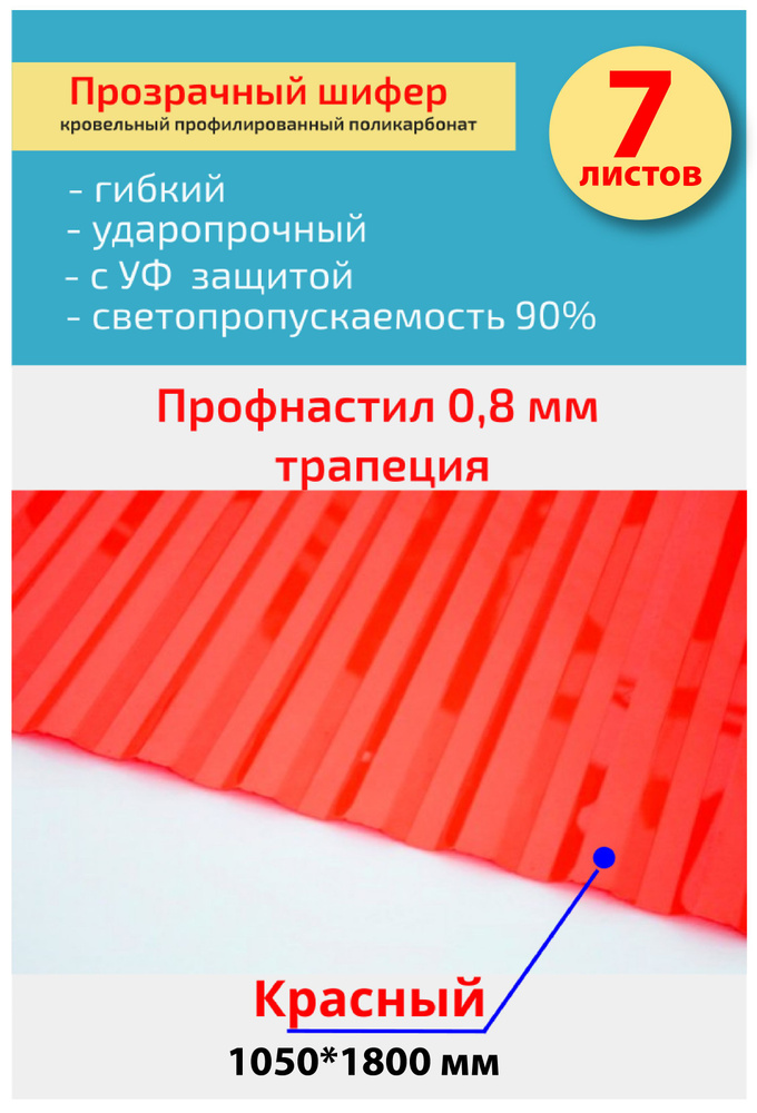 Кровельный монолитный профилированный поликарбонат 0.8 мм трапеция (Красный прозрачный) 1,05*1,8м.  #1