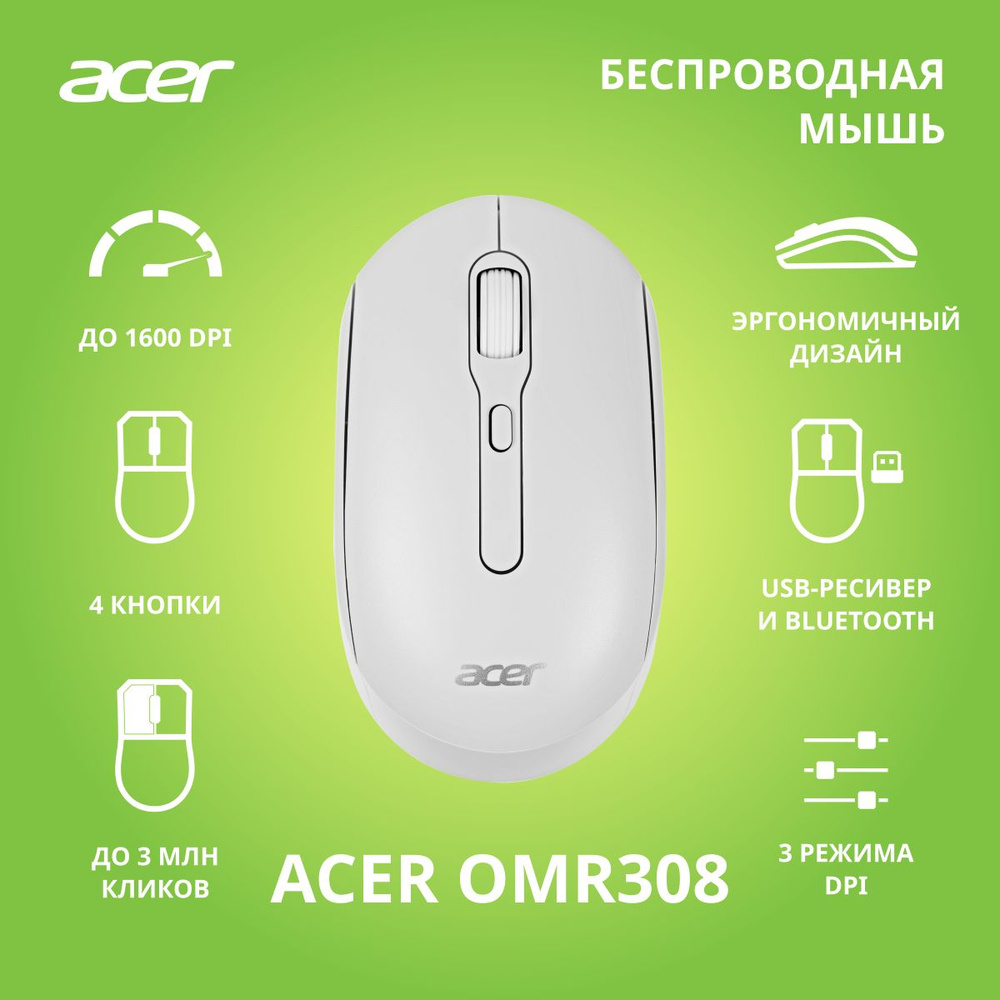 Мышь Acer OMR308 белый оптическая (1600dpi) беспроводная USB (4but) #1