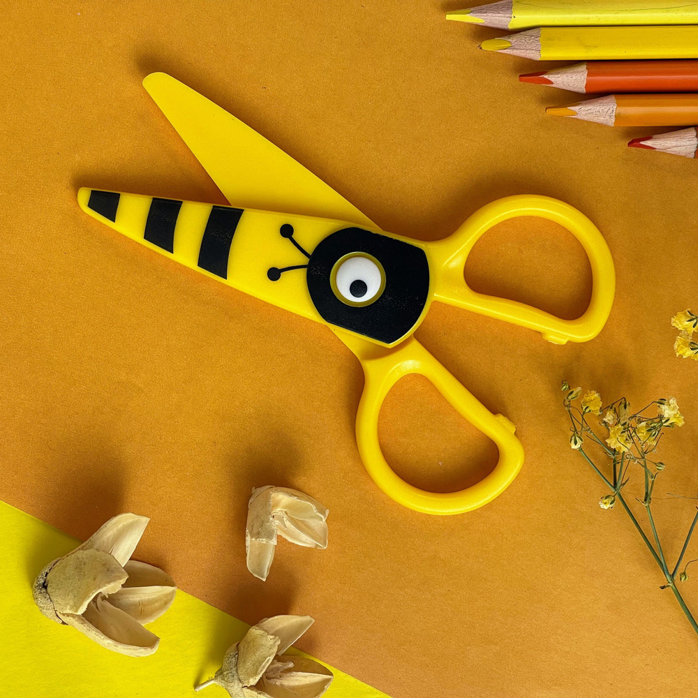 Ножницы детские, пластиковая ручка, пластиковые лезвия, закруглённые концы, принт на лезвии, пчёлка желтый #1