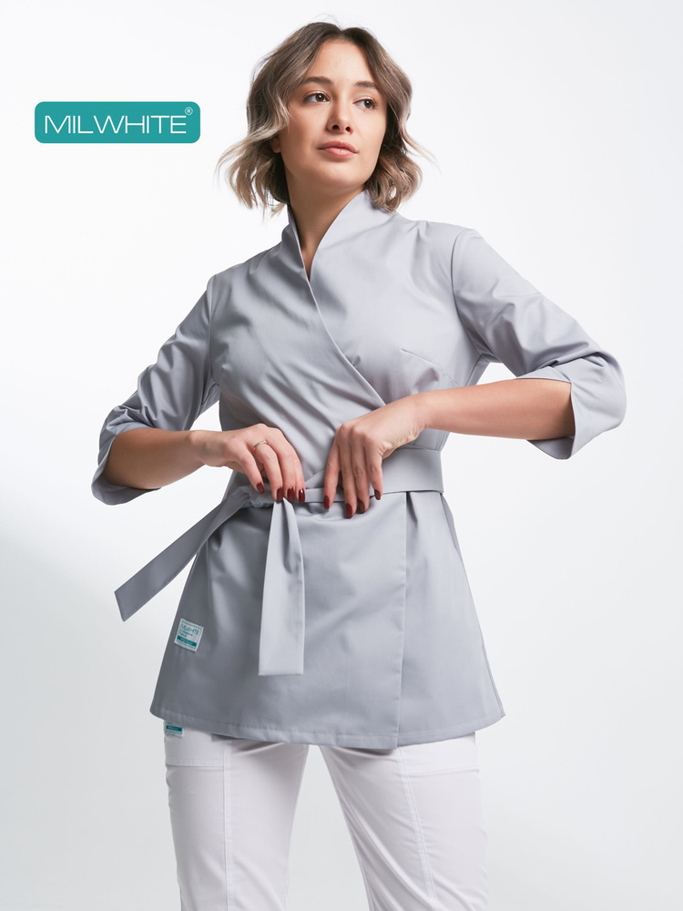 Блуза медицинская женская MILWHITE BLS-W-1210, рубашка удлиненная на запах с поясом  #1