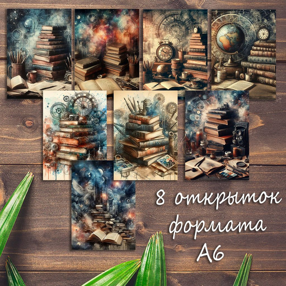 Большой набор открыток Книги, библиотека, 8 штук #1