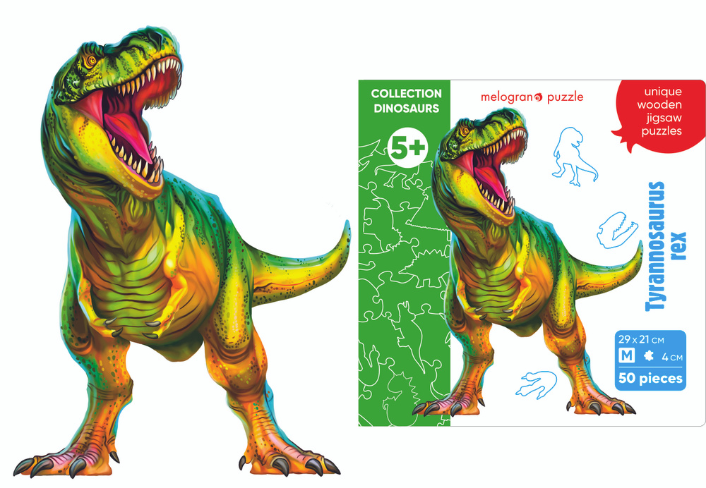 Пазл деревянный фигурный для детей и взрослых Динозавр Тирекс 50 деталей Melograno Puzzle  #1