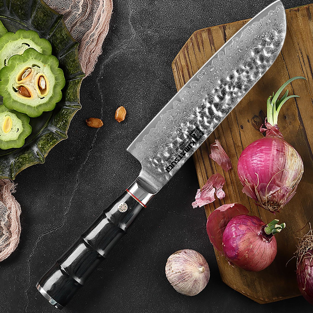 Kimatsugi / Японский кухонный поварской нож Сантоку Damascus #117. Настоящая дамасская сталь 67 слоев. #1