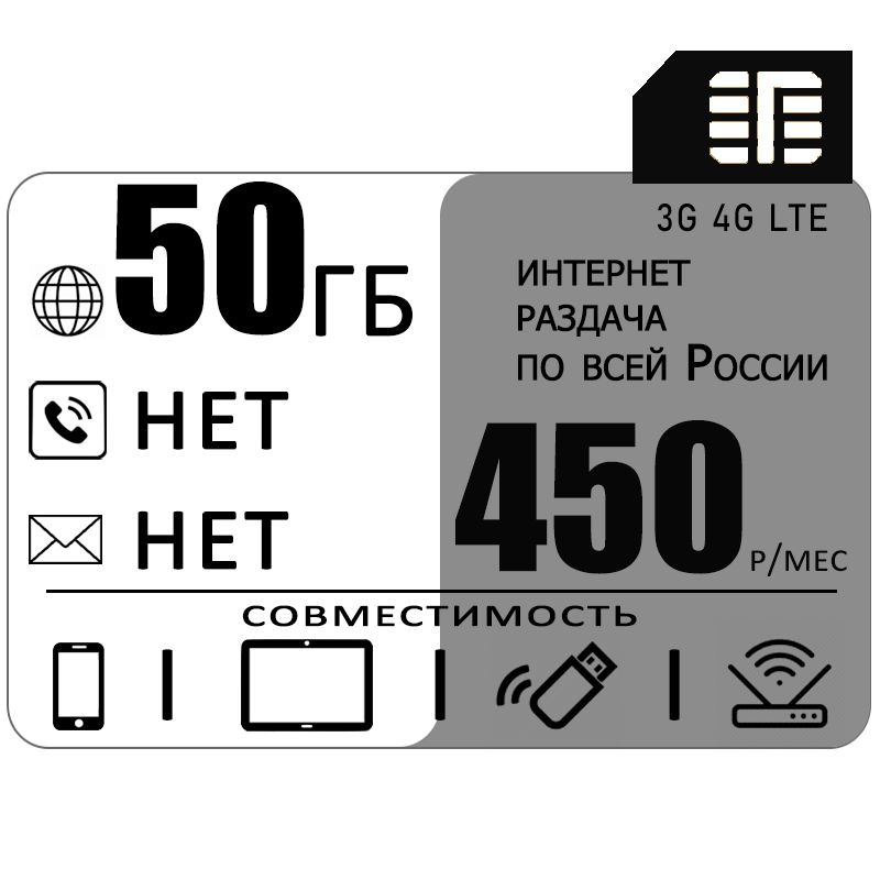 SIM-карта Сим карта c интернетом и раздачей, 50ГБ за 450р/мес (Вся Россия)  #1