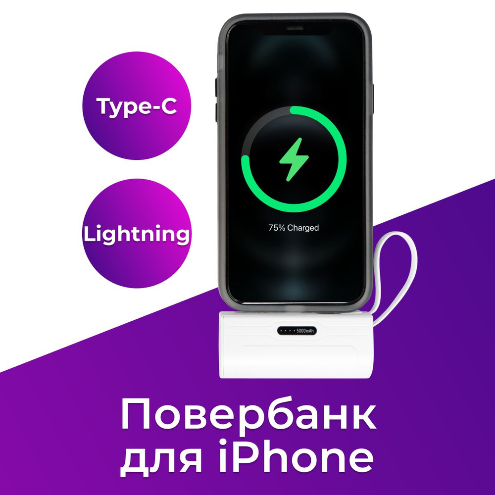 Внешний аккумулятор повербанк для телефона Apple iPhone / Проводная зарядка с разъемом Lightning и Type-C #1