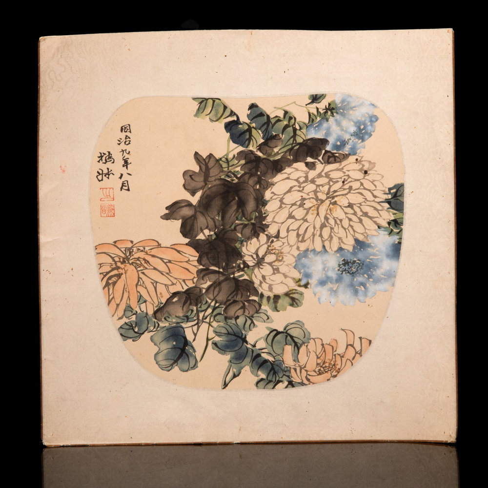 Винтажный эскиз веера формы Утива в стиле Гохуа с изображением хризантем, бумага, текстиль, тушь, акварель, #1