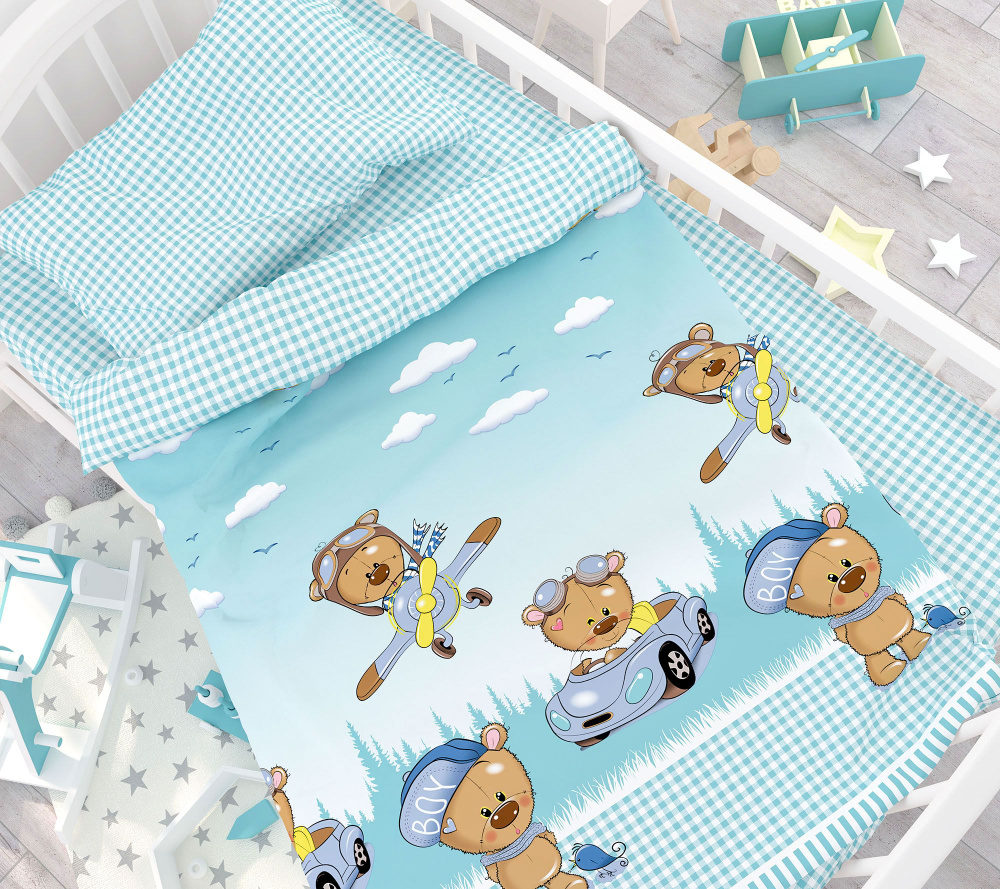 Детское постельное белье для новорожденных Мишки на виражах Арт.9093/1 в кроватку, наволочка 40х60 см, #1