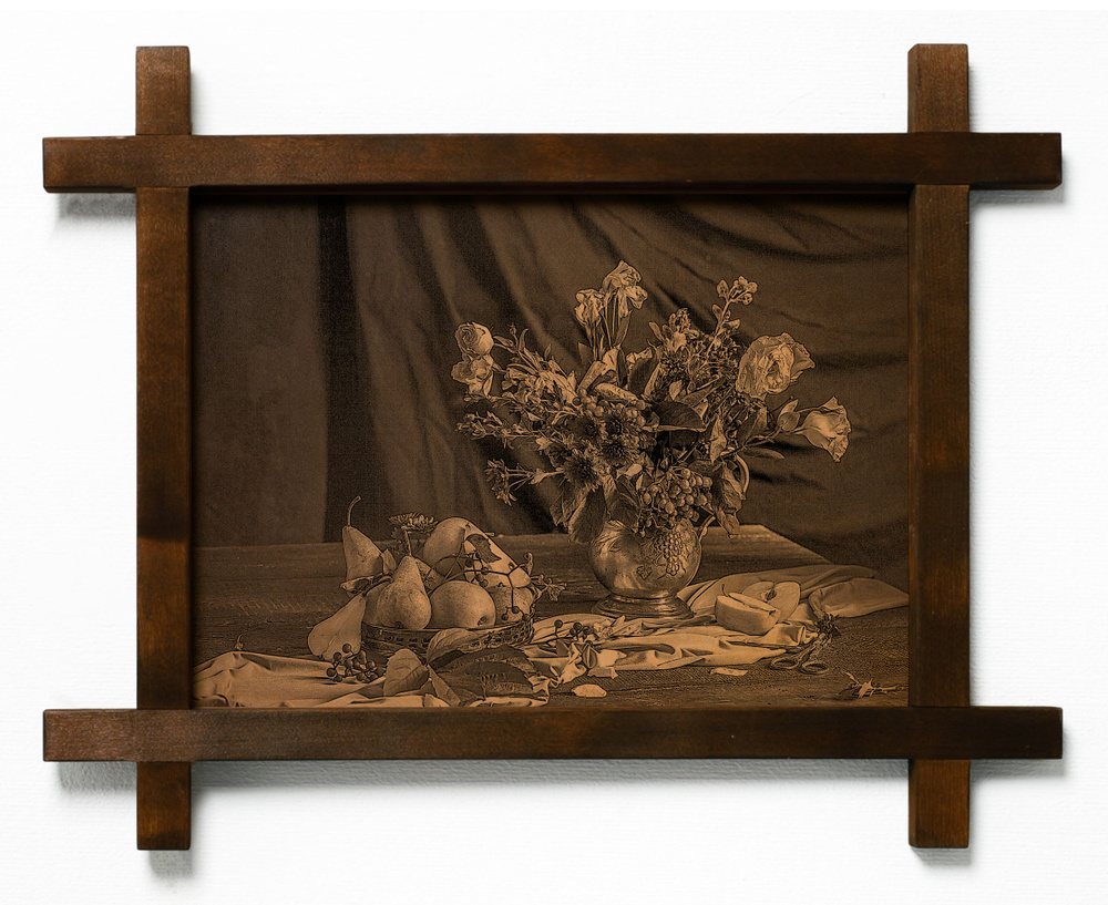 Картина "Осенние цветы и яблоки, натюрморт", гравировка на натуральной коже, интерьерная для украшения #1