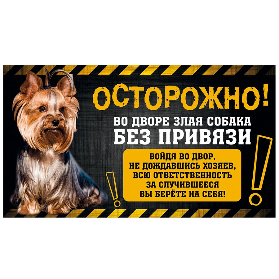 Табличка, с юмором, DANGER DOG, Осторожно! Во дворе собака без привязи, Йоркширский терьер, 25x14 см #1