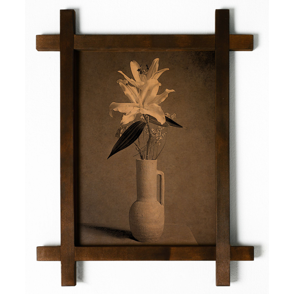 Картина "Лилии в глиняной вазе, натюрморт", гравировка на натуральной коже, интерьерная для украшения #1