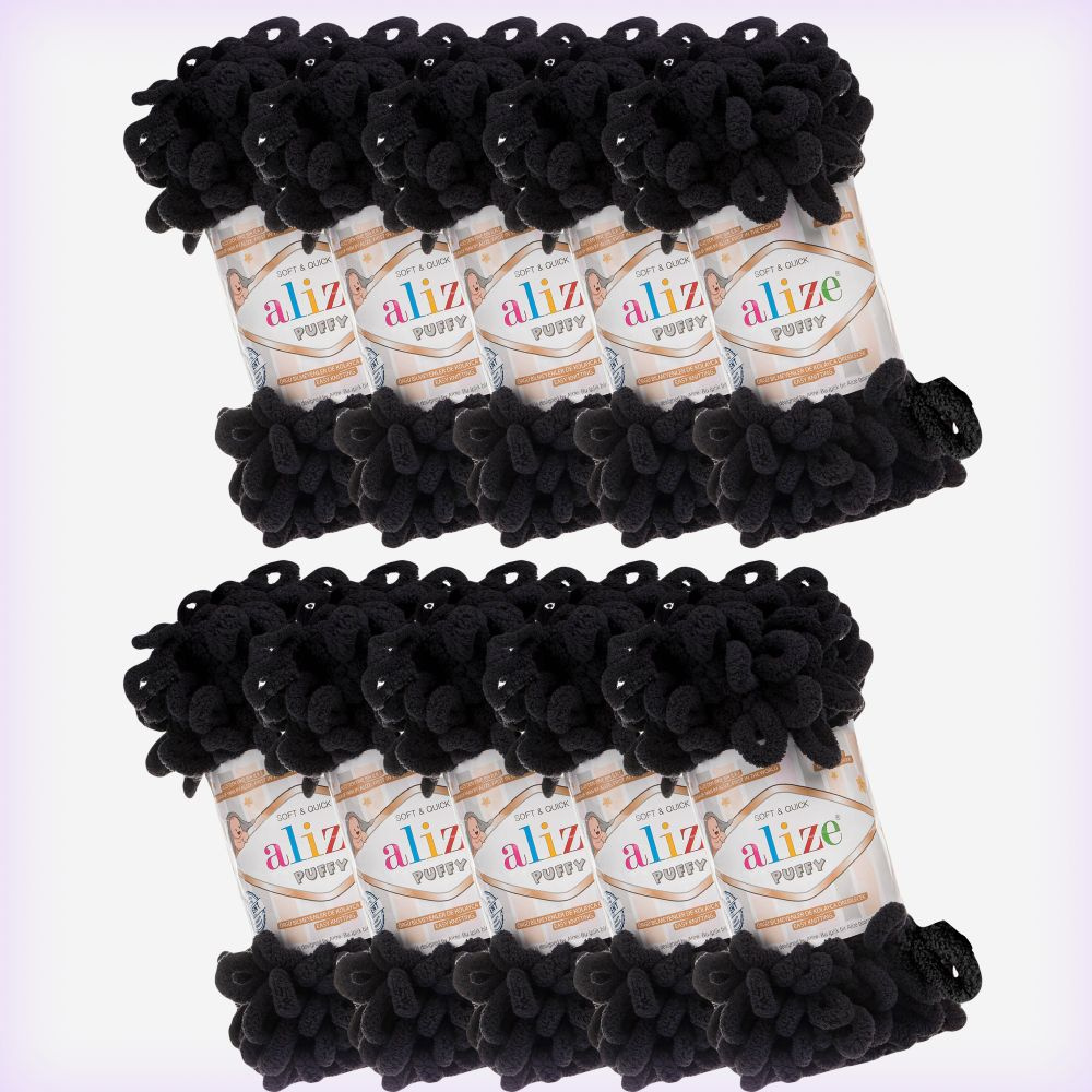 Пряжа Alize Puffy 10 мотков (9 м, 100 гр), цвет 60 Чёрный // Ализе Пуффи, вязание руками, пряжа с большими #1