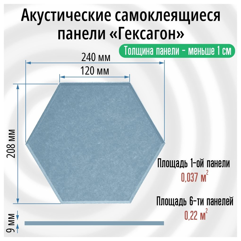 Гексагоны 6 штук 240х208х9мм (сторона 120мм), Самоклеящиеся акустические панели, голубая, звукоизоляционные #1