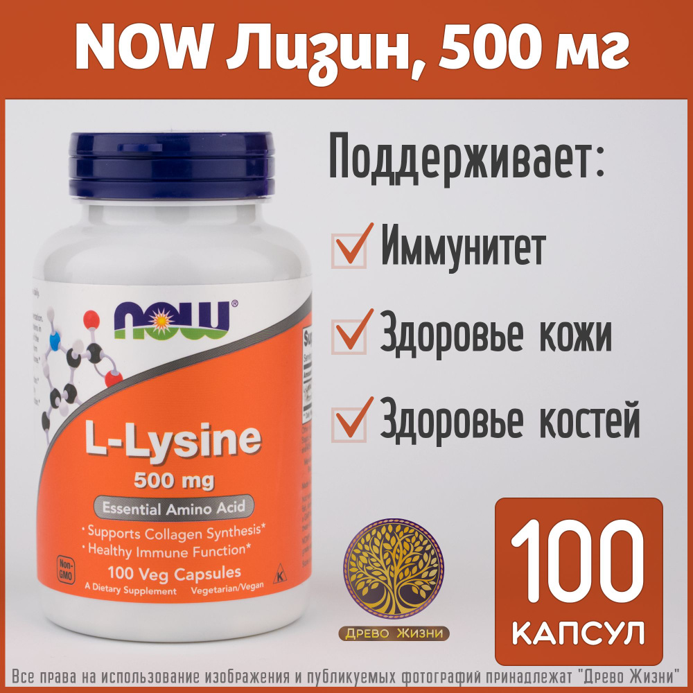 L-лизин, L-Lysine, NOW, 500 мг, 100 капсул #1