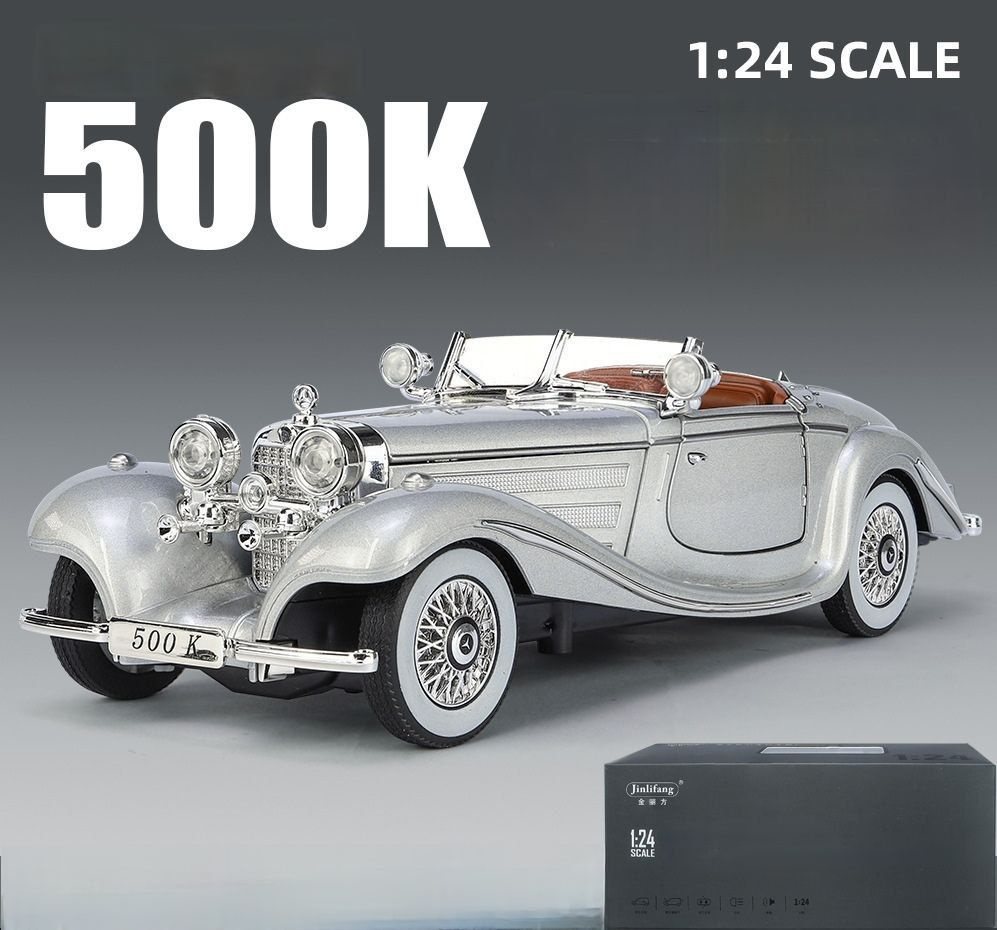 Машинка металлическая в подарочной упаковке Mercedes Benz 500K модель 1:24 серая, со светом и звуком #1