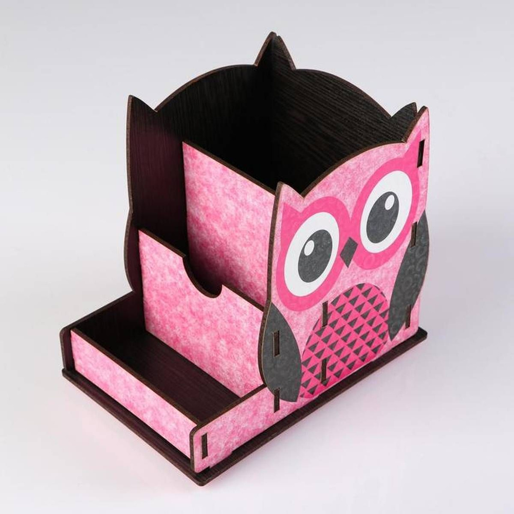Подставка-органайзер для канцелярии - Совушка, 3 секции, деревянная, цвет розовый, 1 шт  #1
