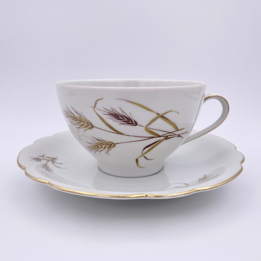 Чайная пара, украшенная фигурном бортом и колосками, Limoges Vertitable Porcelaine de Grand Feu, фарфор, #1