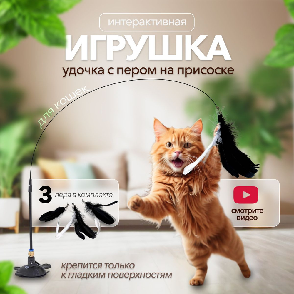 Игрушка интерактивная для кошек , котят, котов. Удочка дразнилка на присоске. 3 пера в комплекте  #1