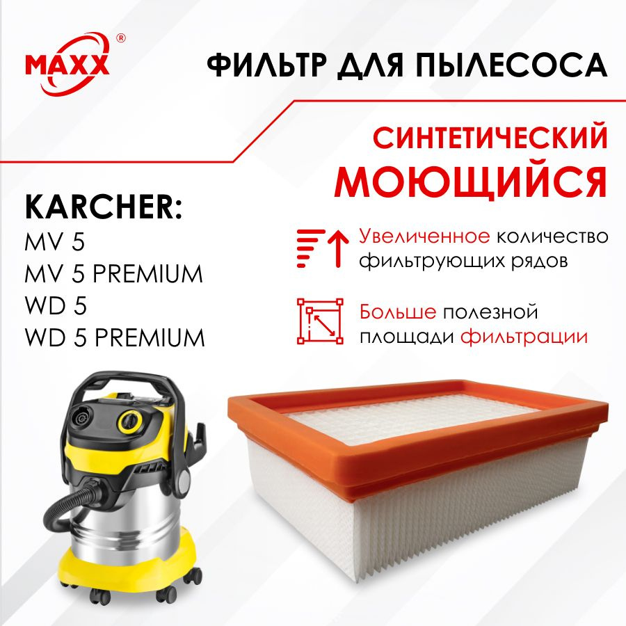 Плоский складчатый фильтр синтетический, моющийся для пылесоса Karcher MV 5, MV 5 Premium, Karcher WD #1