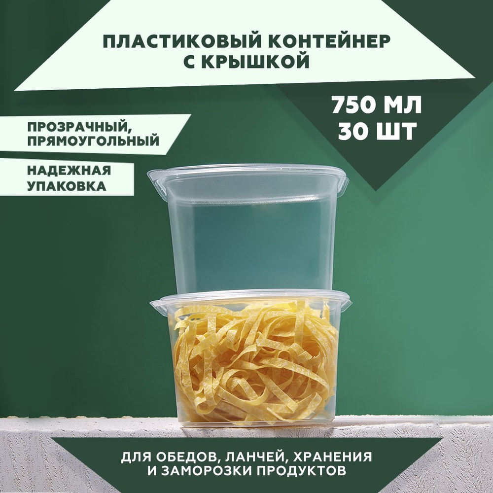 Одноразовый контейнер с крышкой 750 мл., 30 штук. Для обедов, ланчей, хранения и заморозки продуктов. #1