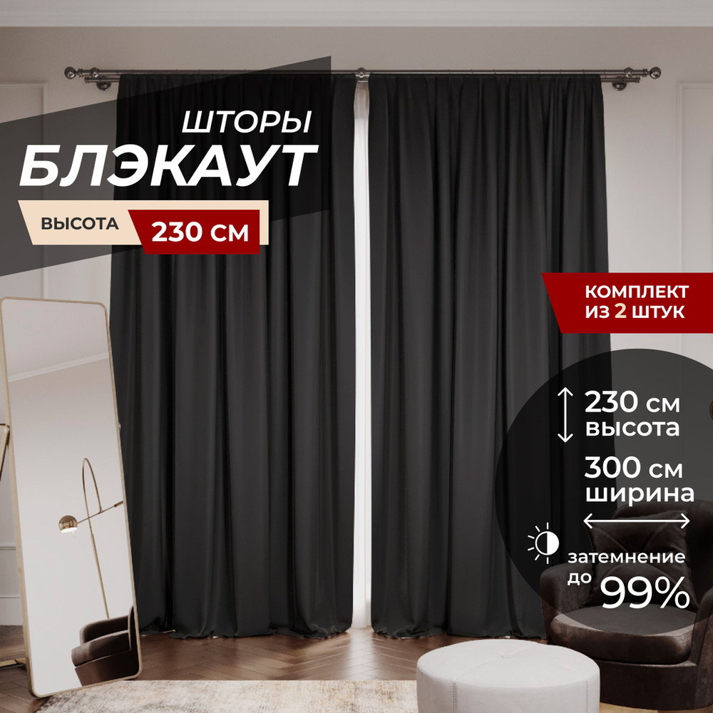 Шторы блэкаут для комнаты по 2 штуки 150x230, цвет черный #1