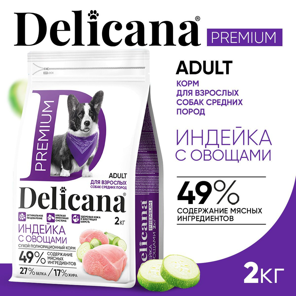 Корм сухой Delicana для собак средних пород Индейка с овощами 2 кг  #1