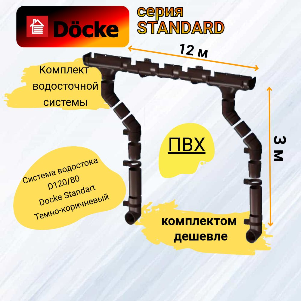 Водосток для крыши дома Docke Standart 120/80, размер 12х3м, цвет - темно-коричневый / Водосточная система #1