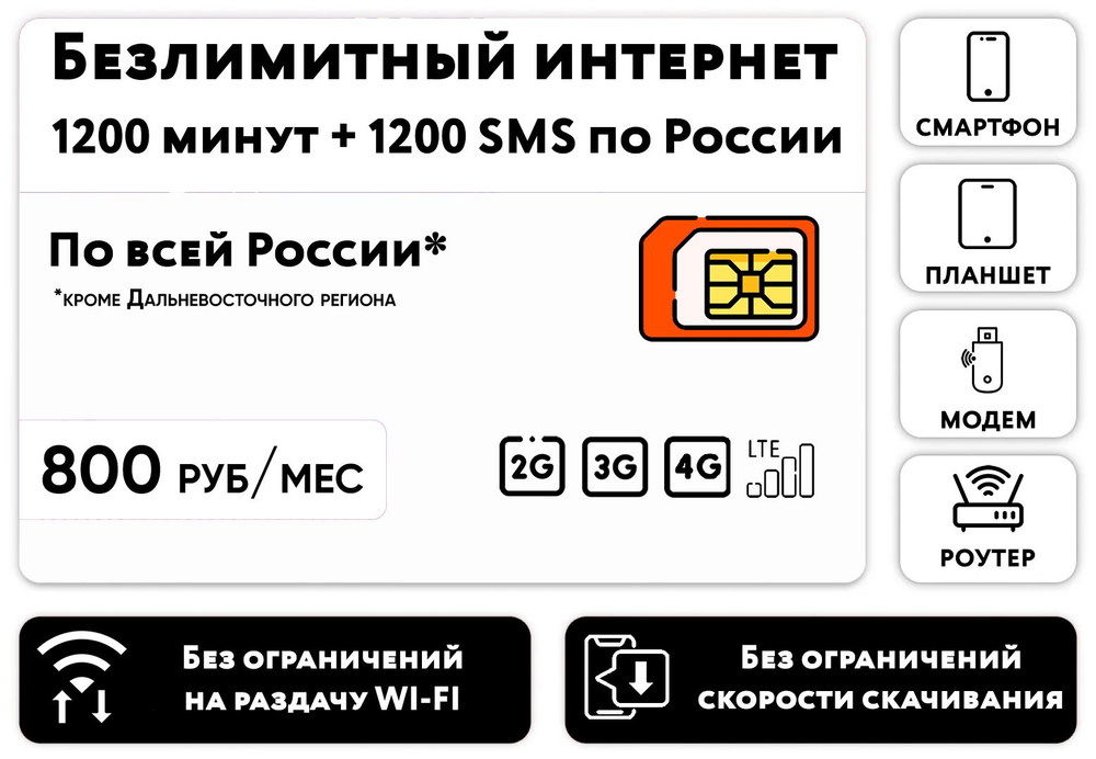 SIM-карта с безлимитным интернетом 3G/4G + 1200 минут + 1200 СМС за 800 руб/мес (смартфон, планшет, роутер, #1