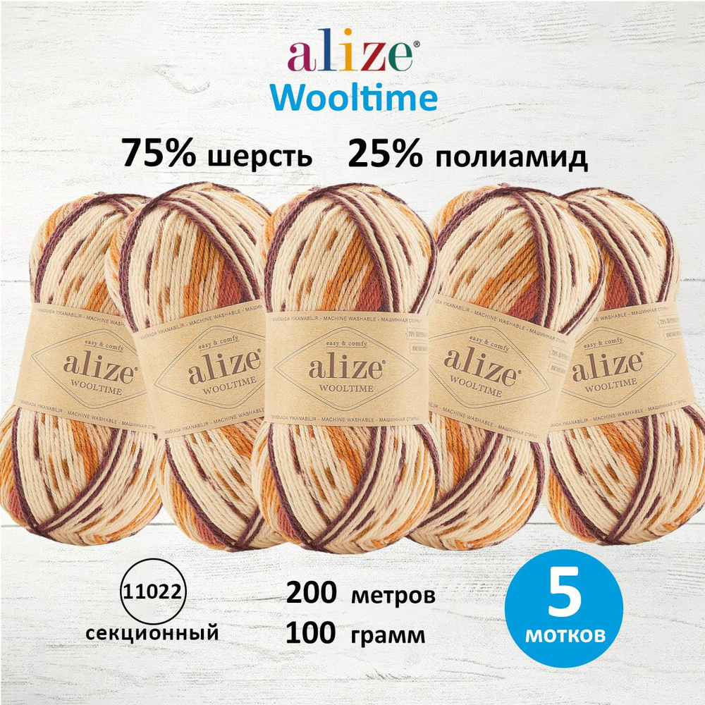 Пряжа ALIZE Wooltime, полушерсть, 100 г, 200 м, 5 шт/упак, 11022 секционный  #1